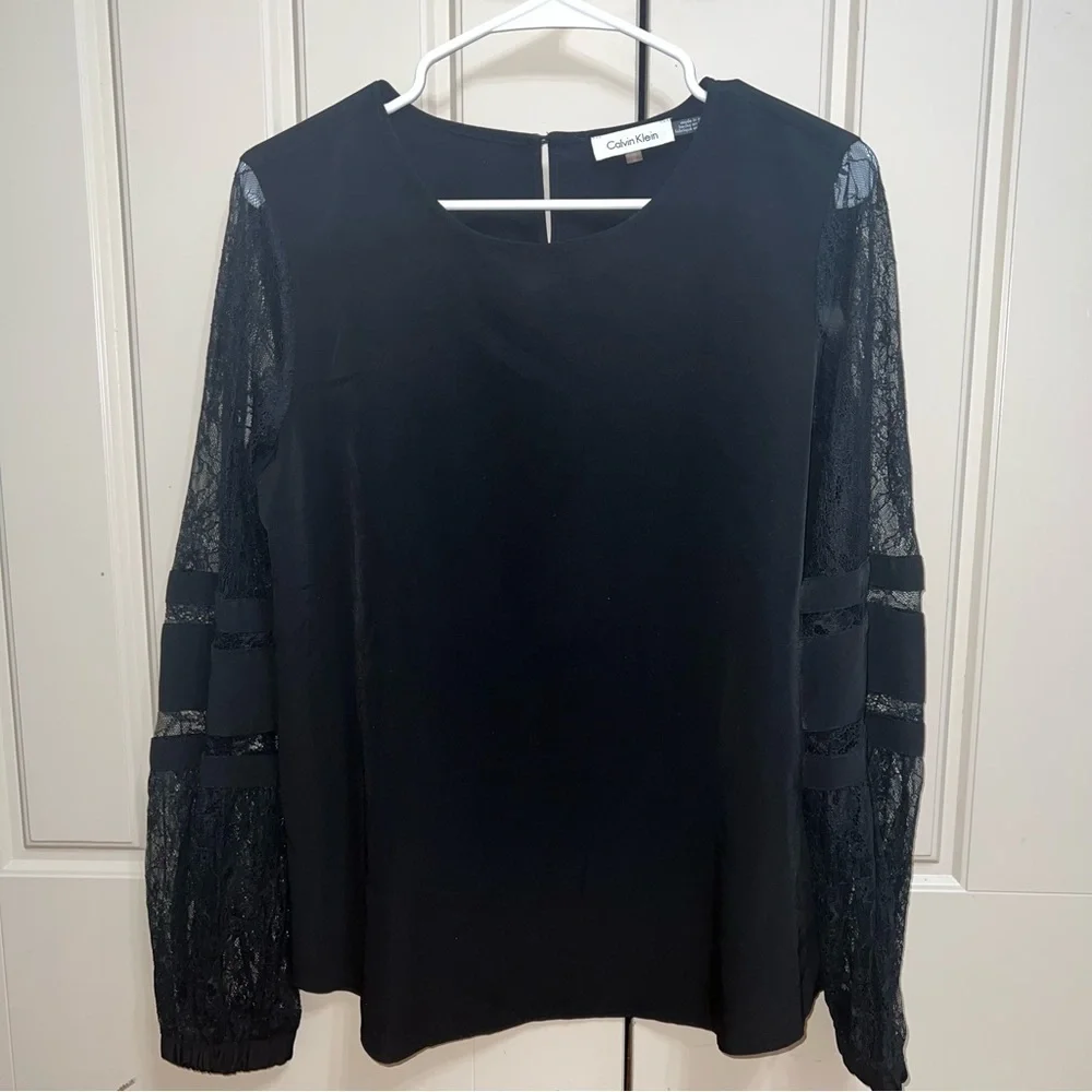 Calvin Klein Black Long Sleeve Lace Blouse Size Medium - Picture 11 of 11